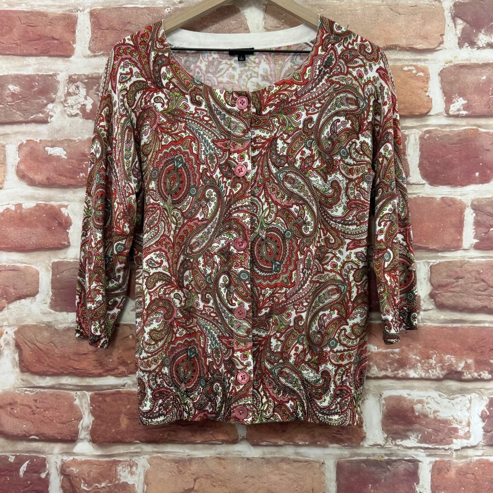 Talbots Cardigan Sweater Women's L Multicolor Boho Floral Button Up Lightweight